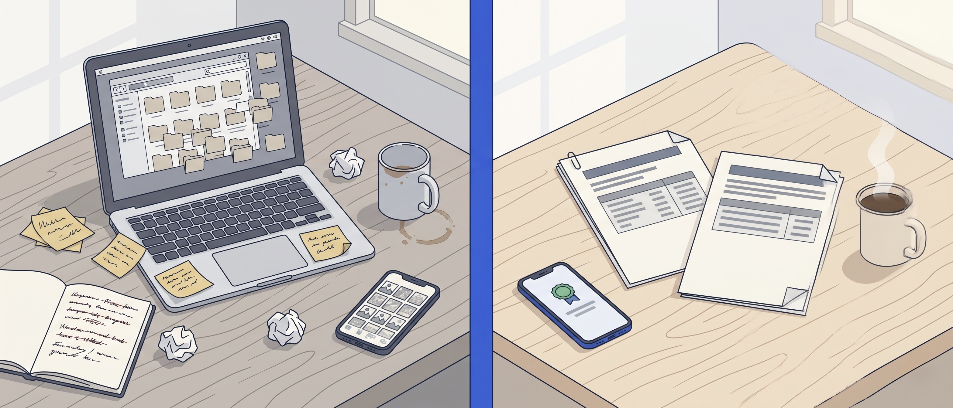 Comparaison Saequi avant et après. À gauche, une table de cuisine encombrée d'un ordinateur ouvert sur un Drive en désordre, de Post-it éparpillés, d'un carnet manuscrit raturé, d'un téléphone affichant une galerie de photos chaotique et d'une tasse de café froid. À droite, la même table apaisée avec deux PDF imprimés et agrafés (« Récapitulatif des faits » et « Bilan financier »), un iPhone affichant Saequi et une tasse de café fumante. Une barre verticale bleue sépare les deux moitiés avec la mention « 8 mois de discipline. 3 minutes d'export. »