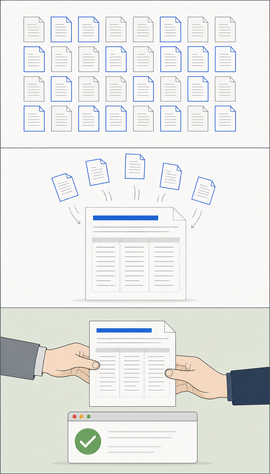 Trois plans empilés Saequi. En haut, une grille de 27 pièces (P, E, F) dont 14 sont entourées d'un trait bleu pour signifier la sélection demandée par votre conseil. Au milieu, ces pièces sélectionnées tombent dans un Bordereau de communication de pièces qui se construit sous nos yeux. En bas, deux mains se tendent pour échanger ce bordereau, et une fenêtre de navigateur saequi.com/verifier confirme « Intégrité vérifiée · local navigateur · aucune donnée envoyée ».